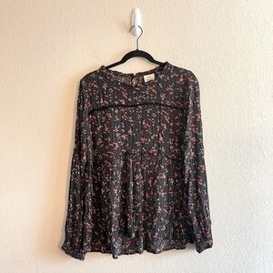 Knox Rose Black Dark Floral Long Sleeve Flowy Blouse Boho Women’s Size Small